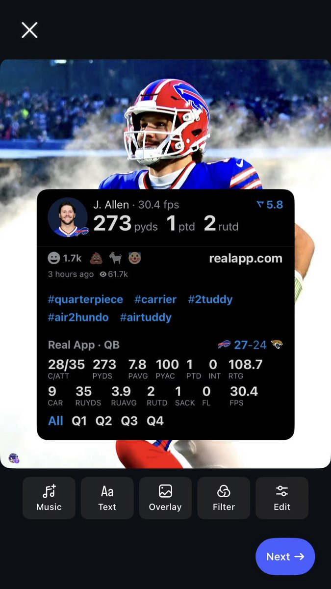 BillsOnReal's tweet image. JOSH ALLEN IN THE WIN:

- 28/35
- 273 Passing Yards
- 9 Carries
- 39 Rush Yards
- 2 Passing TDs
- 1 Rushing TD
- GAME WINNING TD

.@Realrclark25 FUCK YOU BABY