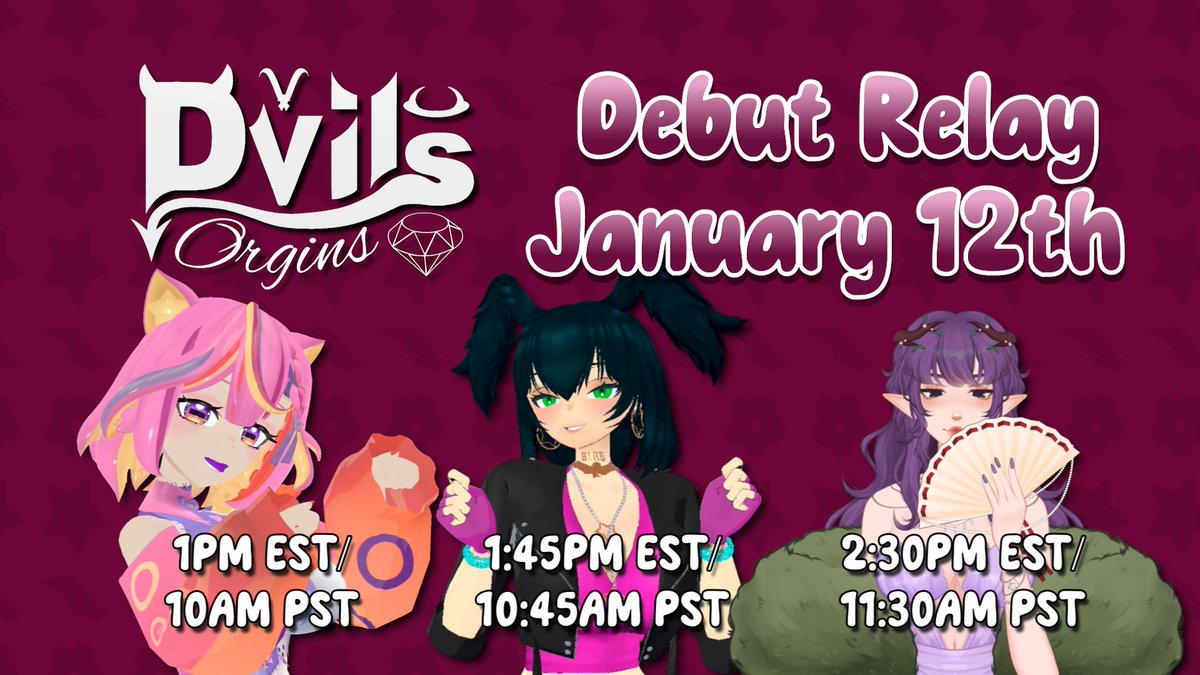 DvilsVirtual's tweet image. ⋆♱ DEBUT RELAY JAN. 12♱⋆

It's almost time! Don't miss the Dvils debut streams!!

❤️‍🔥 @cinniblaze 10 PST/1 EST
🐣 @CalypsoCorvidae 10:45 PST/1:45 EST
🌿 @SumireHanaki 11:30 PST/2:30 EST
❤️‍🔥🐣🌿 Group collab 12:15 PST/3:15 EST

#Vtuber #VtuberDebut