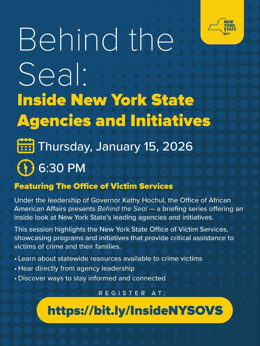 Jess_ByNature's tweet photo. Join us for Behind the Seal, featuring the New York State Office of Victim Services, to learn about statewide resources and programs supporting victims of crime.

📅 January 15, 2026 | 6:30 PM
🔗 Register: https://t.co/3ZS4XeddP3 https://t.co/42gFG4IFAT