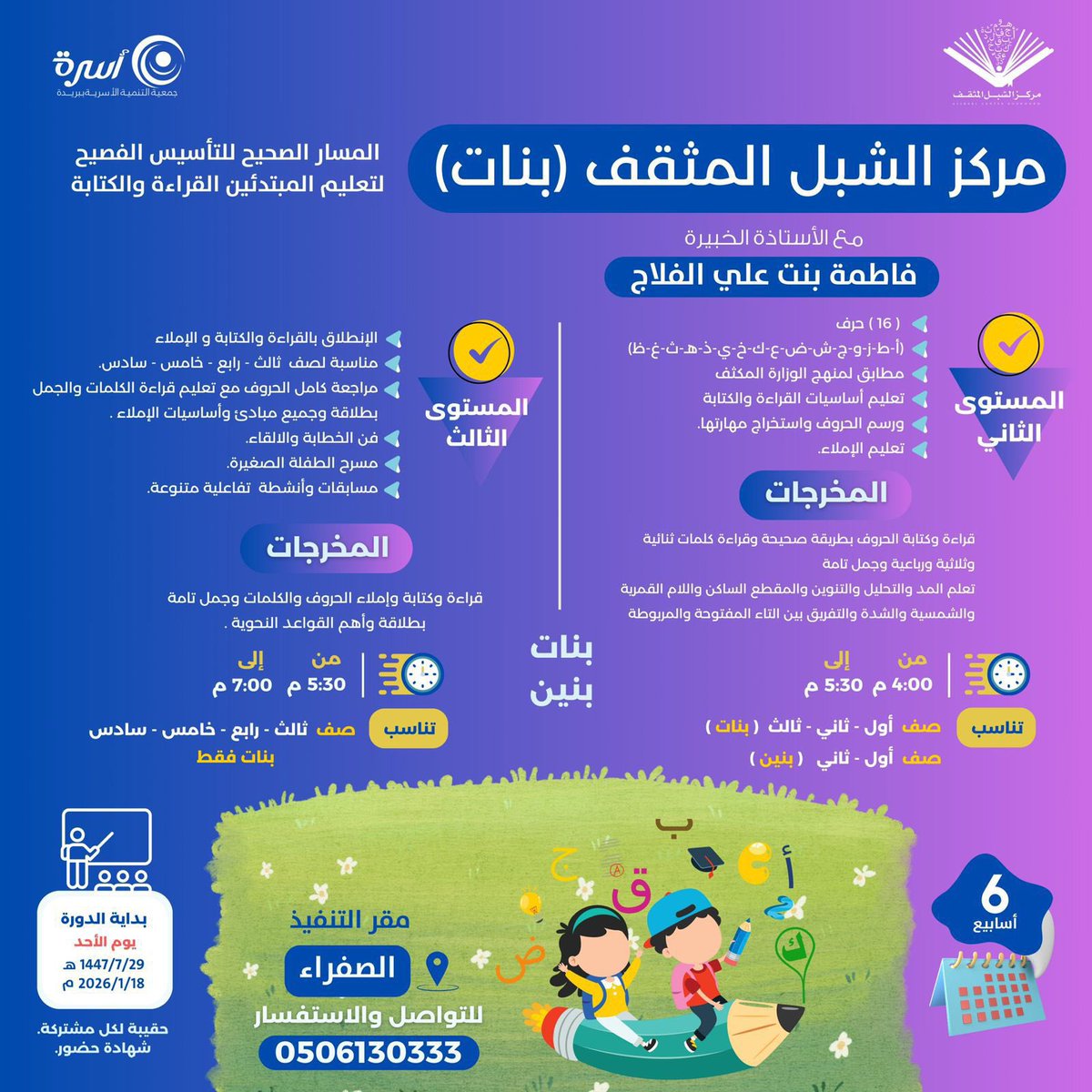 elshebl1's tweet photo. برامج | 📃 

من خلال عدة مستويات ..
(المسار الصحيح للتأسيس الفصيح).
لتعليم المبتدئين القراءة والكتابة.
بـ: مركز الشبل المثقف ( بنات ) في #جمعية_أسرة @osrahsa 
🗓 07/29 - 1447/09/16هـ.
🕞 04:00 م - 07:00 م
📌 https://t.co/09mEbDg6OE
📱 https://t.co/lXVe5hZCqM https://t.co/A1LMuiTAA3