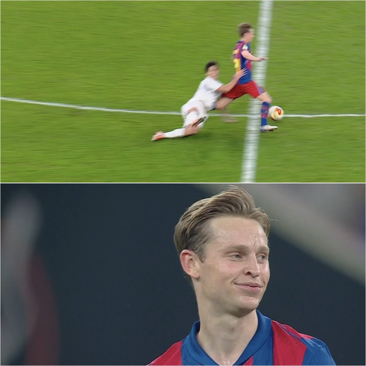 ¿POR QUÉ SE QUEJA DE JONG?

1- Se queja porque nada más empezar Camavinga hace falta de amarilla a Fermín... y no hay nada

2- Se queja porque poco después Tronco Carreras hace entrada de naranja a Lamine... y no hay nada (y era su 2ª falta)

3- Se queja porque Bellingham hace