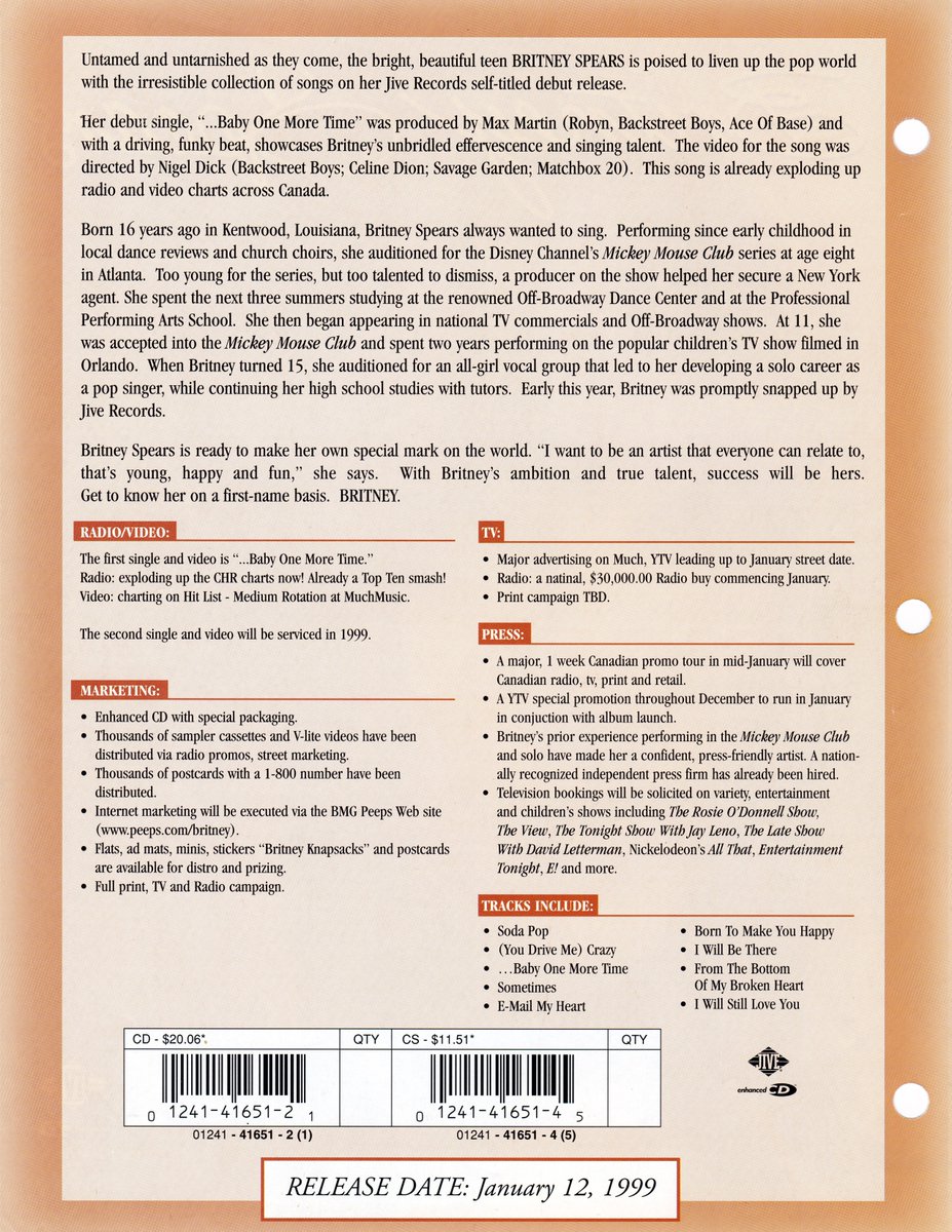 BritneyFanGrant's tweet image. “Get to know her on a first-name basis. BRITNEY.” 📠🎀

A rare piece of pop history: The original Jive Records Canadian promo sheet from before her debut album was even titled …Baby One More Time. 🇨🇦

An album that defined a generation…it all started with a promise. 💿✨…