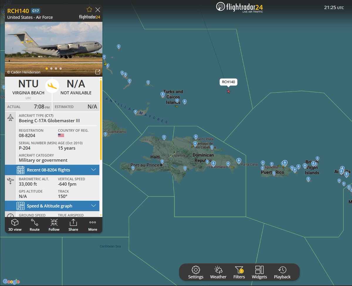 Flightwatcher1's tweet image. #USAF C-17A Globemaster III
Código de llamada: REACH140
Matrícula: 22-5993
Hex: #AE2FB0
Desde Oceana NAS hasta St Croix
El anterior C-17A que llegó a St Croix hoy, pasó también por Oceana antes de ir a Pope Army Field 🤔
#USVI #SOUTHCOM #OpSouthernSpear