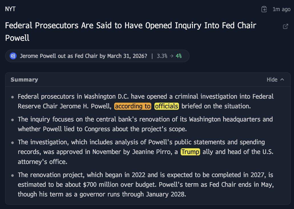 AshCrypto's tweet photo. BREAKING:

🇺🇸 Federal Prosecutors Have Opened Inquiry Into Fed Chair Jerome Powell, per NYT https://t.co/a3TWn5gkIl