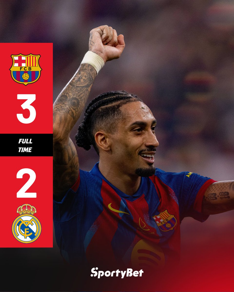 SportyBet's tweet photo. El Clásico drama at its finest 🔥
Three goals in first half stoppage time, a Raphinha brace, and a clutch Lewandowski strike.
Barcelona outlast Real Madrid 3–2 to lift the Spanish Super Cup 🏆🔥
Raphinha the difference.🏆⚽️
#ElClasico #SupercopaFinal https://t.co/JYOoOzrMJn