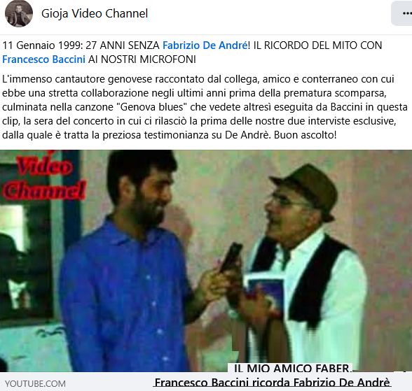 #RadioGioja #Almanacco #Anniversary #accaddeoggi #11gennaio2026: #27anni senza #FabrizioDeAndrè! Il ricordo con le parole di <a href="/francescobaccin/">Francesco  Baccini</a> in #esclusiva ai nostri microfoni. #Video a questo #link: facebook.com/GiojaVideoChan… #DeAndre #MemorialDay #FabrizioDeAndré #Baccini