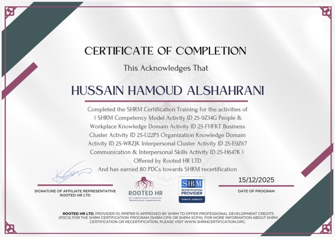 Hs23_9's tweet photo. الحمدلله الذي بنعمته تتم الصالحات 🤍
يسعدني أن أشارككم حصولي على شهادة 
SHRM CP والتي تمثل محطة مهمة في مسيرتي المهنية في مجال الموارد البشرية. كل الشكر لمعهد Rooted HR والشكر الوفير لك يا ابو سليمان على وقفاتك ومساعدتك @ABDULMAJEEDFUL 

الحمدلله على التمام https://t.co/Pbz4D1gO3N
