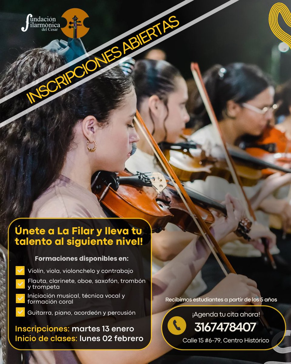 La Filarmónica del Cesar abre inscripciones para sus formaciones musicales 2026, un espacio para aprender, crecer y hacer de la música una experiencia inolvidable y transformadora.

✨ Únete a LaFilar y lleva tu talento al siguiente nivel!

Agenda tu cita: 3167478407