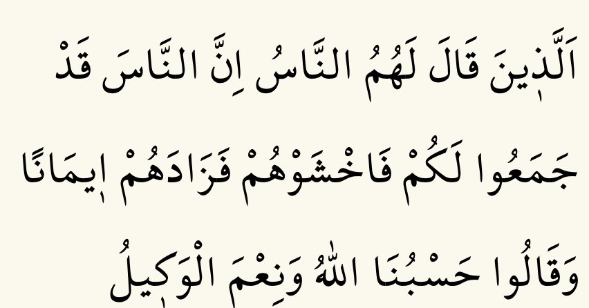 İnsanlar onlara : "Düşmanlarınız sizin aleyhinize toplandı, onlardan korkun." dediğinde, bu onların imanını artırdı ve dediler ki :

“Allah bize yeter. O ne güzel vekildir"