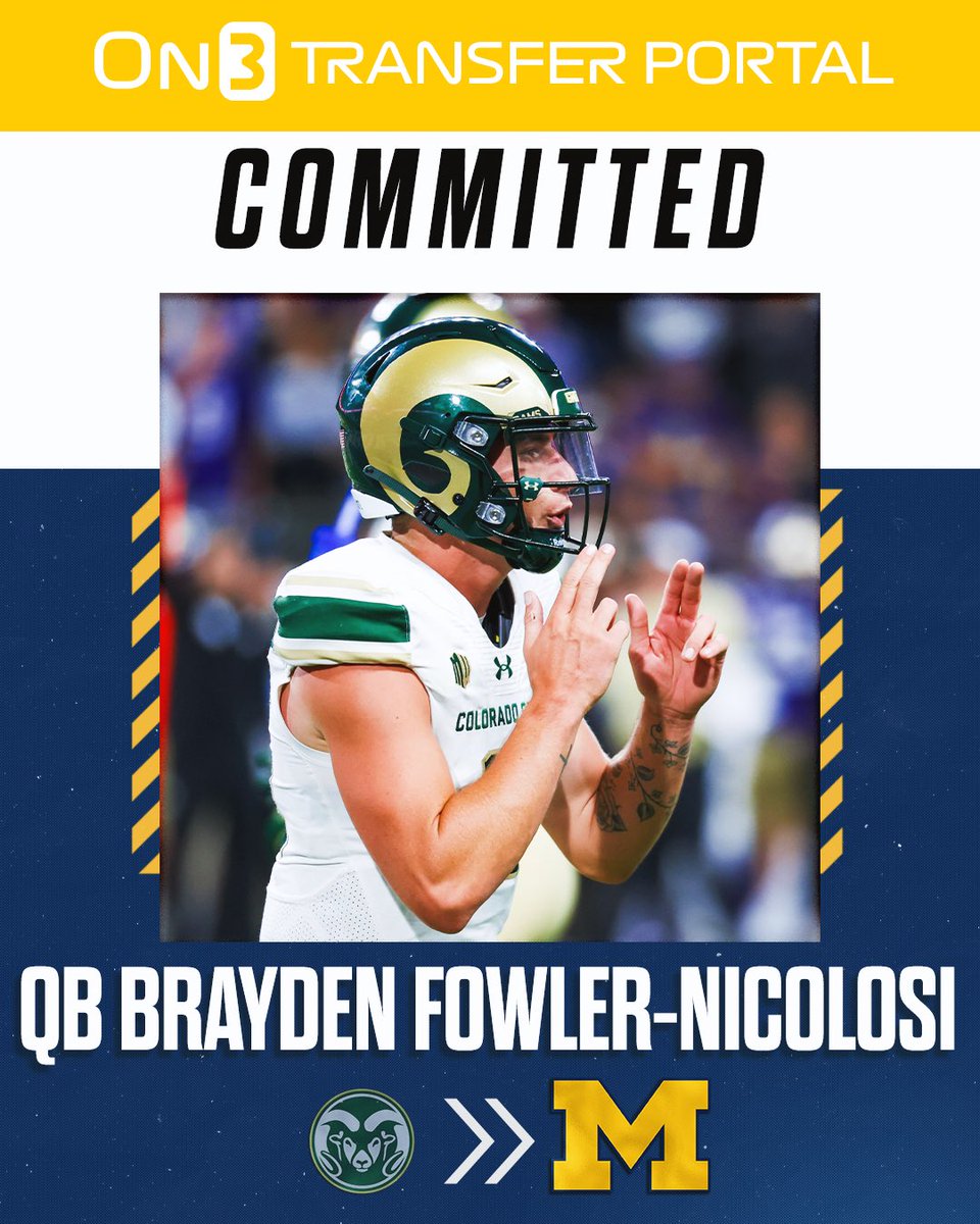 TransferPortal's tweet image. BREAKING: Colorado State transfer QB Brayden Fowler-Nicolosi has committed to Michigan, @Hayesfawcett3 reports〽️

on3.com/transfer-porta…