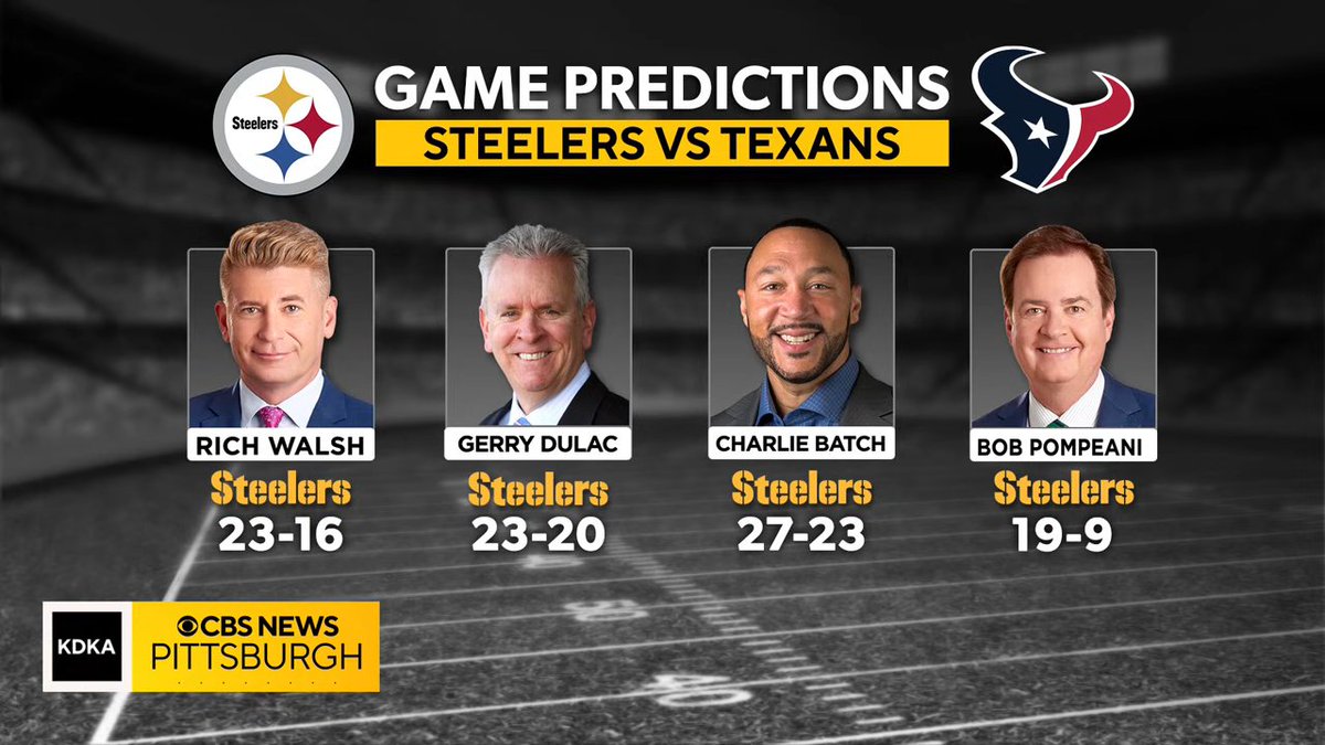 Steelersdepot's tweet photo. All of the KDKA crew have the Steelers beating the Texans on Monday night. #Steelers #NFL https://t.co/3vY4fPtHVX