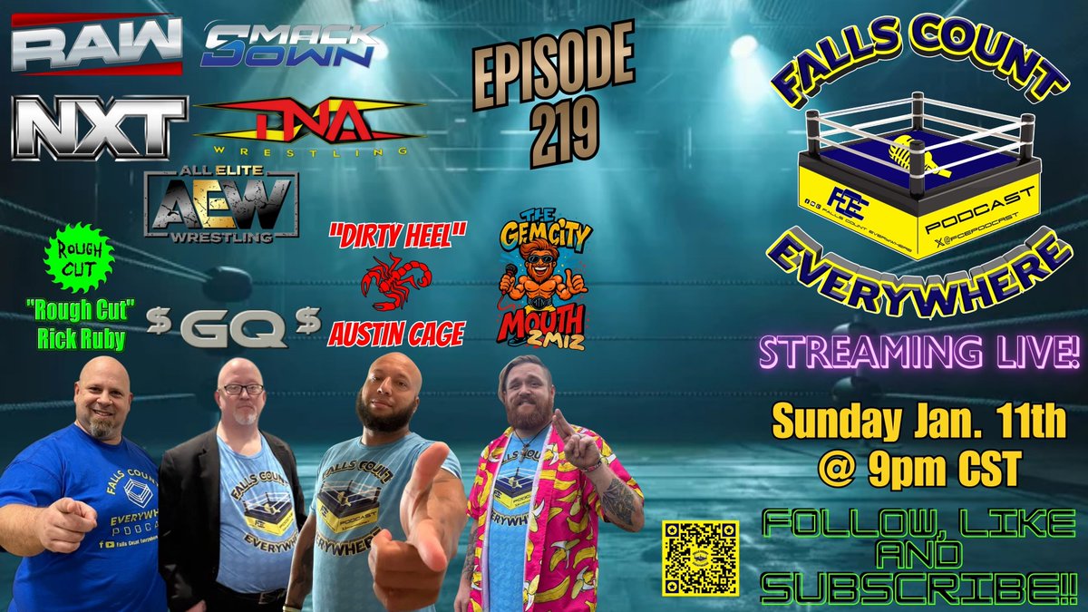 FCEpodcast's tweet image. Our first show of the year is with FCE's Fantastic Four TONIGHT live at 9pm Central as Episode 219 promises to be great conversation wrapping up last week's shows across the major brands and making our wrestling predictions for 2026! #WWE  #WWERaw #SmackDown  #WWENXT  #TNAiMPACT…