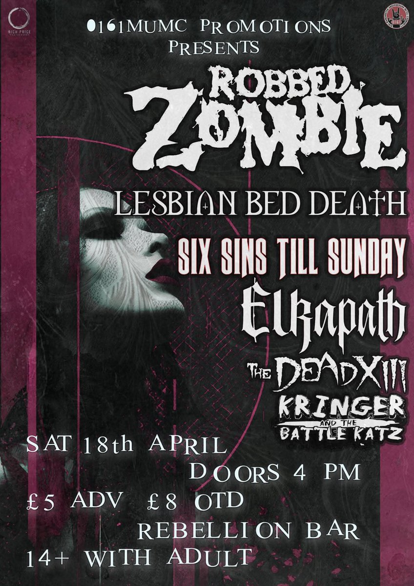 Fan of Rob zombie? Then you will enjoy this.. doors open 4pm great lineup of bands and only £5 if you buy in advance #manchester 
#robzombie  #robbedzombie