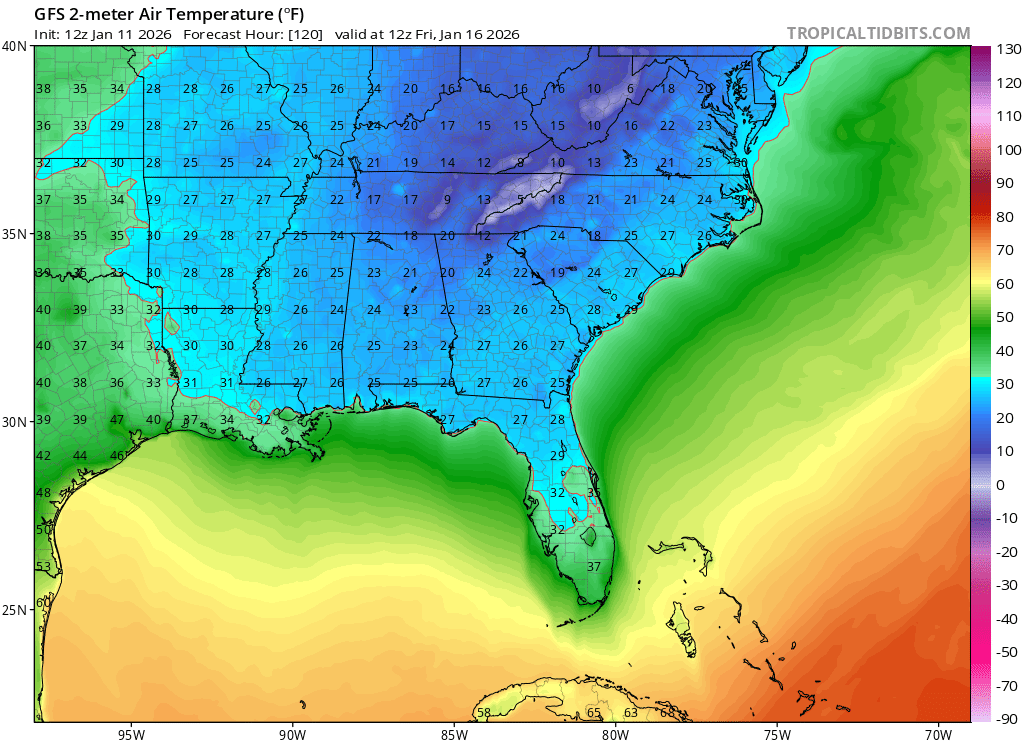 HurricaneManWx's tweet image. Heads up, Florida! A significant cold snap is tracking to hit the state starting Friday morning, Jan 16. 🥶

​Forecast models show widespread freezing temperatures dipping deep into Central FL, with upper 30s to lower 40s possible all the way south to Miami.

The NOAA outlook…