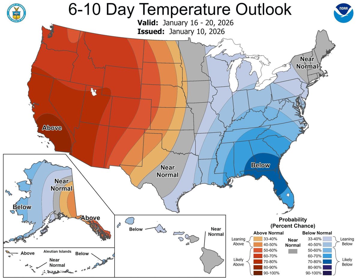 HurricaneManWx's tweet image. Heads up, Florida! A significant cold snap is tracking to hit the state starting Friday morning, Jan 16. 🥶

​Forecast models show widespread freezing temperatures dipping deep into Central FL, with upper 30s to lower 40s possible all the way south to Miami.

The NOAA outlook…