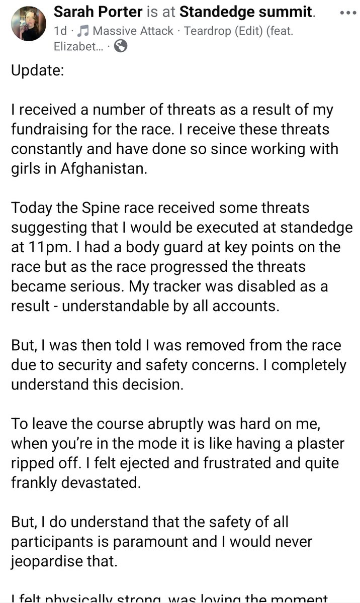 PeakWeaves's tweet photo. A serious post. Sarah Porter was running the Spine Ultramarathon, 108 miles of the Pennine Way in 60 hrs. Raising money for women in Afghanistan. With specific threats to murder her, she was withdrawn from the race. Her fundraising page is at https://t.co/0RNFpovo49 https://t.co/yJQeDUqwSo