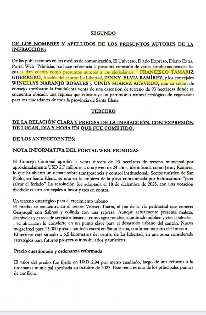 URGENTE: #CasoLibertad miembros del observadores ciudadano y social para vigilar la transparencia de la función pública denunciaron en #Fiscalia a Francisco Tamaririz alcalde Cantón La Libertad, Jenny Rodriguez y dos concejales, por aprobar la venta fraudulenta de 93 hectáreas