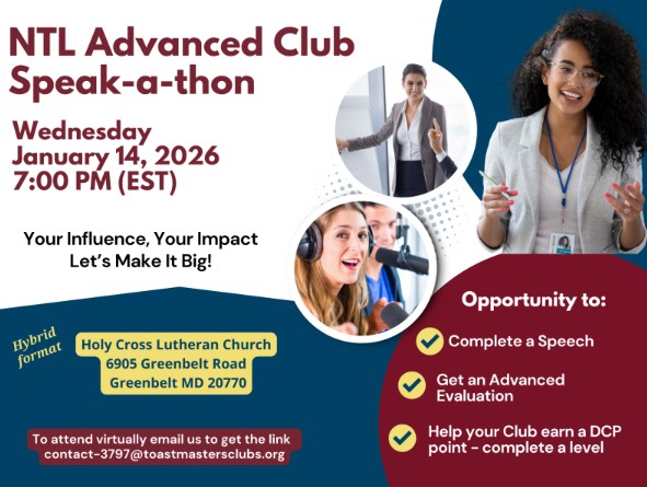 TM_JMERS's tweet image. NTL Advanced Speakers invite you to our first meeting of 2026 - a Speak-a-thon meeting!  No pressure - just encouragement, feedback, and fun!
ntladvanced.toastmastersclubs.org