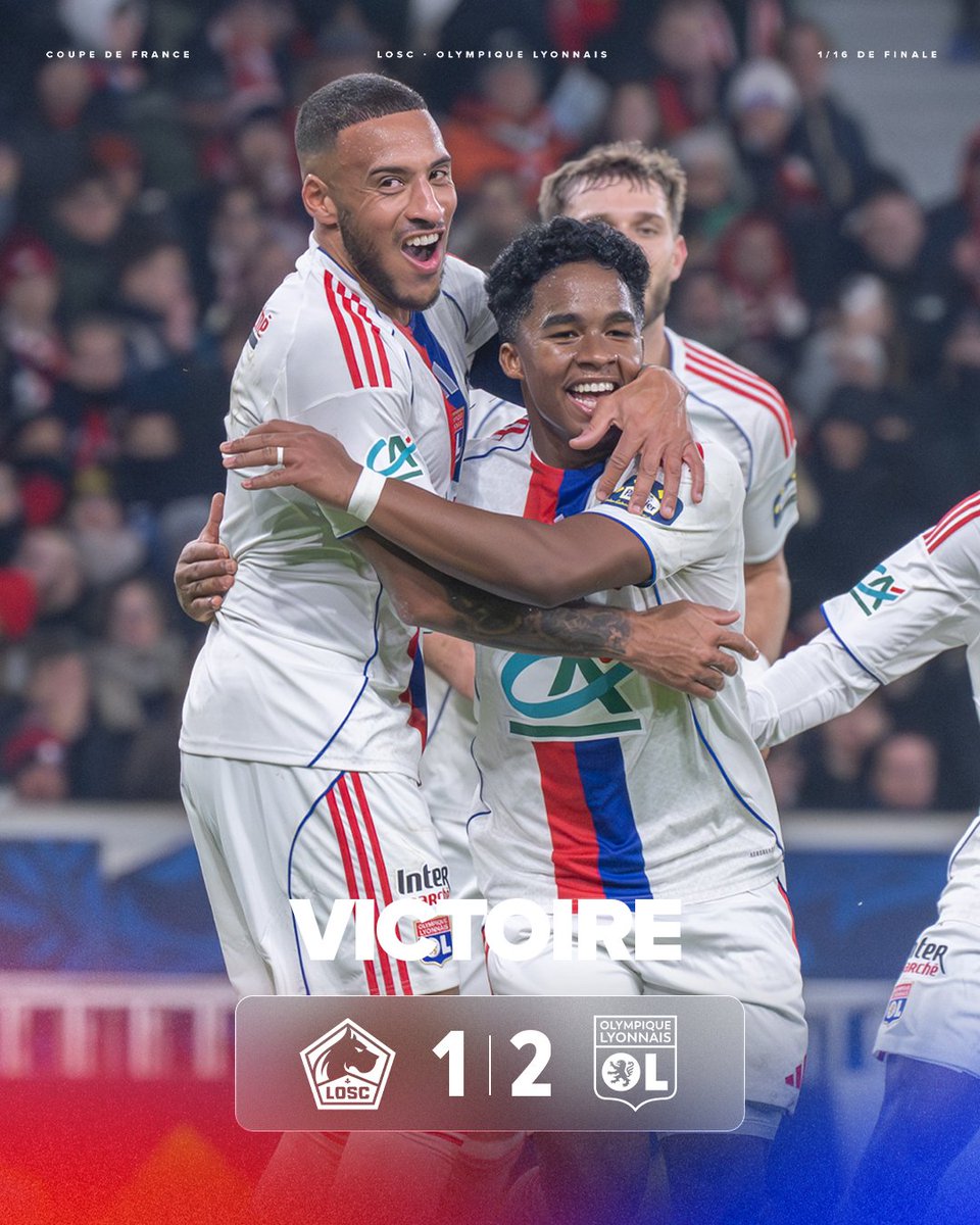 OL's tweet image. 𝗟𝗔 𝗤𝗨𝗔𝗟𝗜𝗙𝗙𝗙𝗙𝗙' 💪

En s’imposant sur la pelouse du LOSC, nos Gones rejoignent les huitièmes de finale de la Coupe de France ! 🏆🔴🔵

C’est ça les gars ! 👊

1-2 #LOSCOL