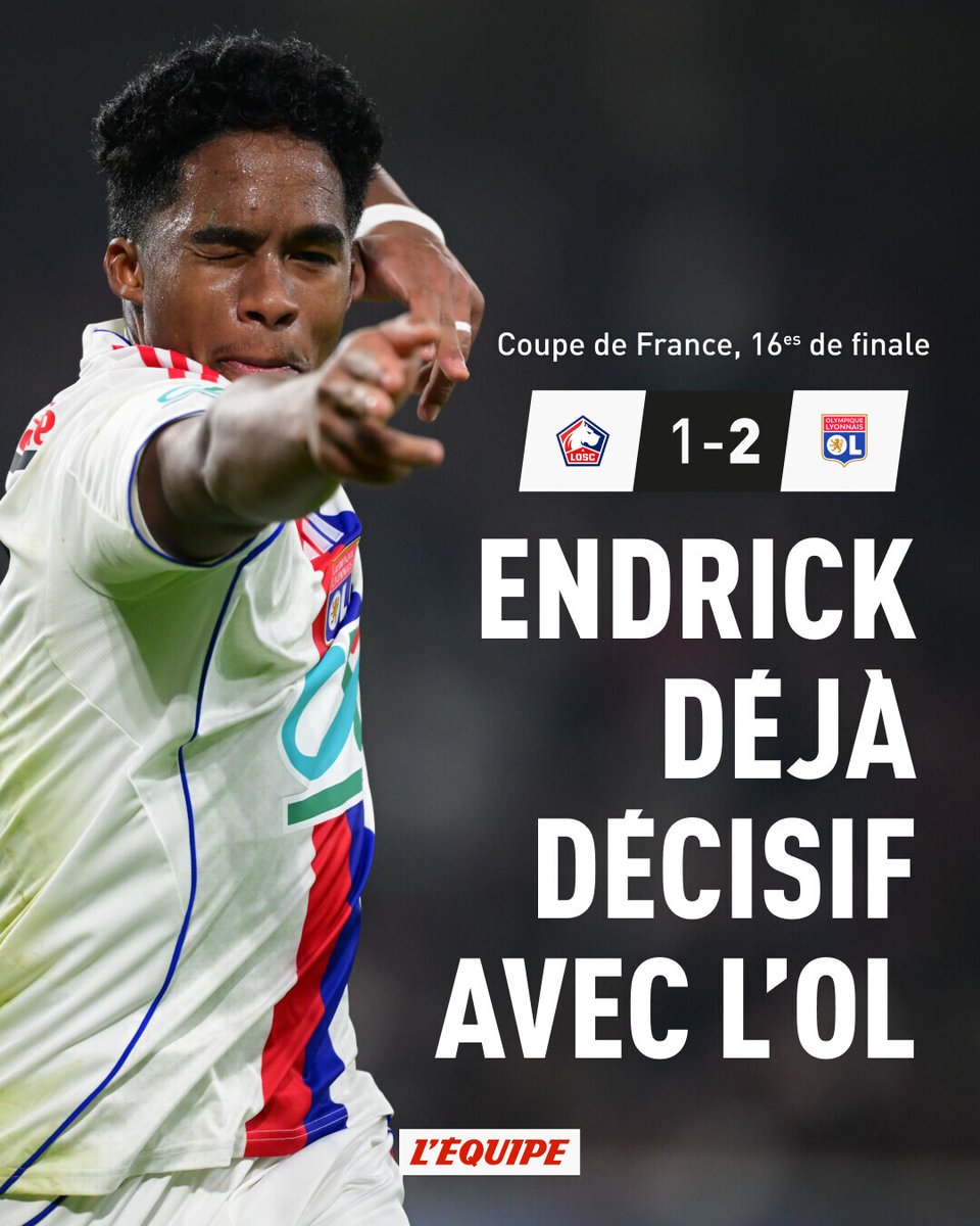 lequipe's tweet image. L'OL s'impose à Lille et se qualifie pour les huitièmes de finale de la Coupe de France, Endrick déjà buteur avec son nouveau club
➡️ l.lequipe.fr/OCx