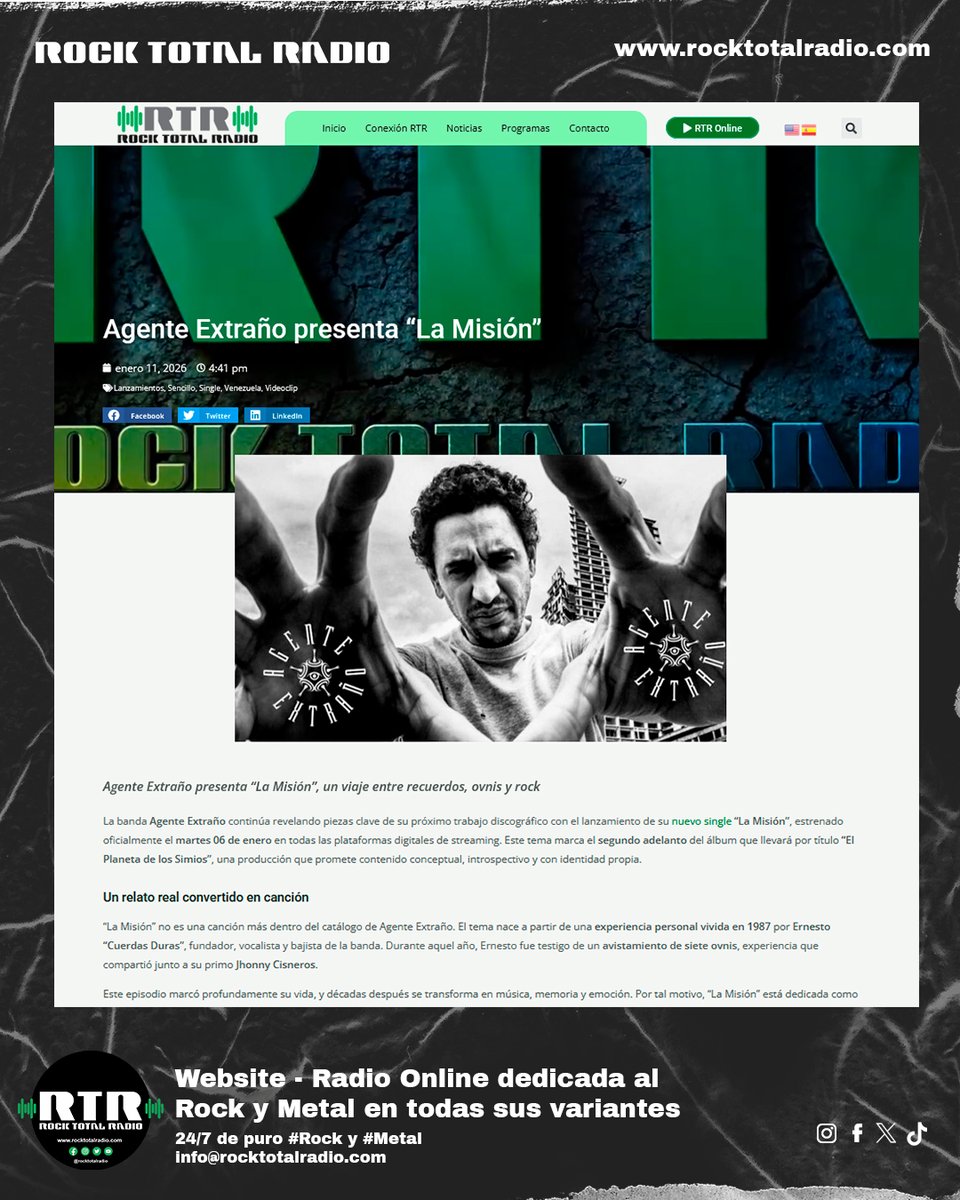 Agente Extraño estrena La Misión, un single basado en un avistamiento de ovnis y dedicado a un ser querido. 🎸🔥
Lee la crónica completa 👉 rocktotalradio.com/agente-extrano…
·
#Rock #AgenteExtraño #RockTotalRadio