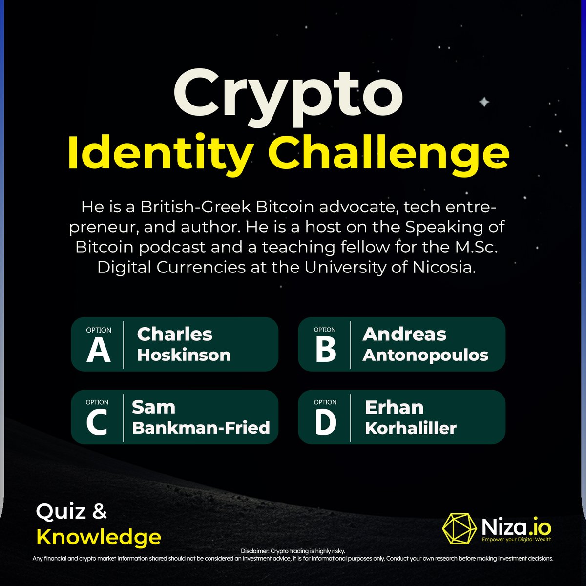 🧠 Quiz & Knowledge! ➡️ Crypto Identity Challenge: He is a British-Greek # Bitcoin advocate, tech entrepreneur, and author. He is a host on the  Speaking of #Bitcoin podcast and a teaching fellow