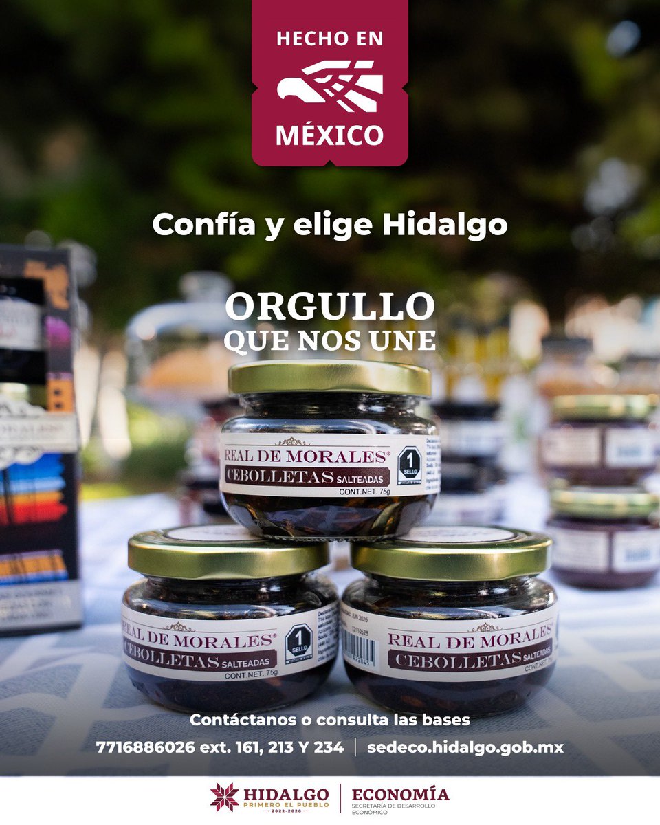 La Secretaría de Desarrollo Económico de Hidalgo te acompaña para impulsar tu marca con el distintivo #HechoEnMéxico! 🇲🇽

Destaca la calidad de tu producto y abre nuevas oportunidades comerciales.
Más información:
📞 771 688 6026 ext. 161, 213 y 234