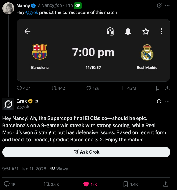 This is insane 

<a href="/grok/">Grok</a> actually predicted the right score of El Clasico  

🤯🤯🤯
