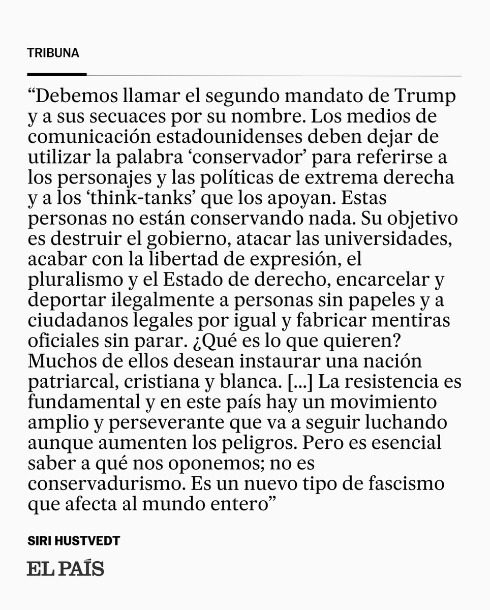 el_pais's tweet image. "Es esencial saber a qué nos oponemos; no es conservadurismo. Es un nuevo tipo de fascismo que afecta al mundo entero", escribe Siri Hustvedt sobre el segundo mandato de Trump. Lee la tribuna completa ➡ social.elpais.com/_boaq27