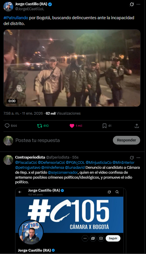 <a href="/JorgeECastilloL/">Jorge Castillo (RA)</a> En el video, el señor <a href="/JorgeECastilloL/">Jorge Castillo (RA)</a> afirma, "patrullando las calles de Bogotá, buscando PETRISTAS para LEVANTARLOS", lo que constituye delito de amenaza x ideología y promoción de odio hacia cualquier miembro de esta colectividad política. Exigimos la investigación inmediata.