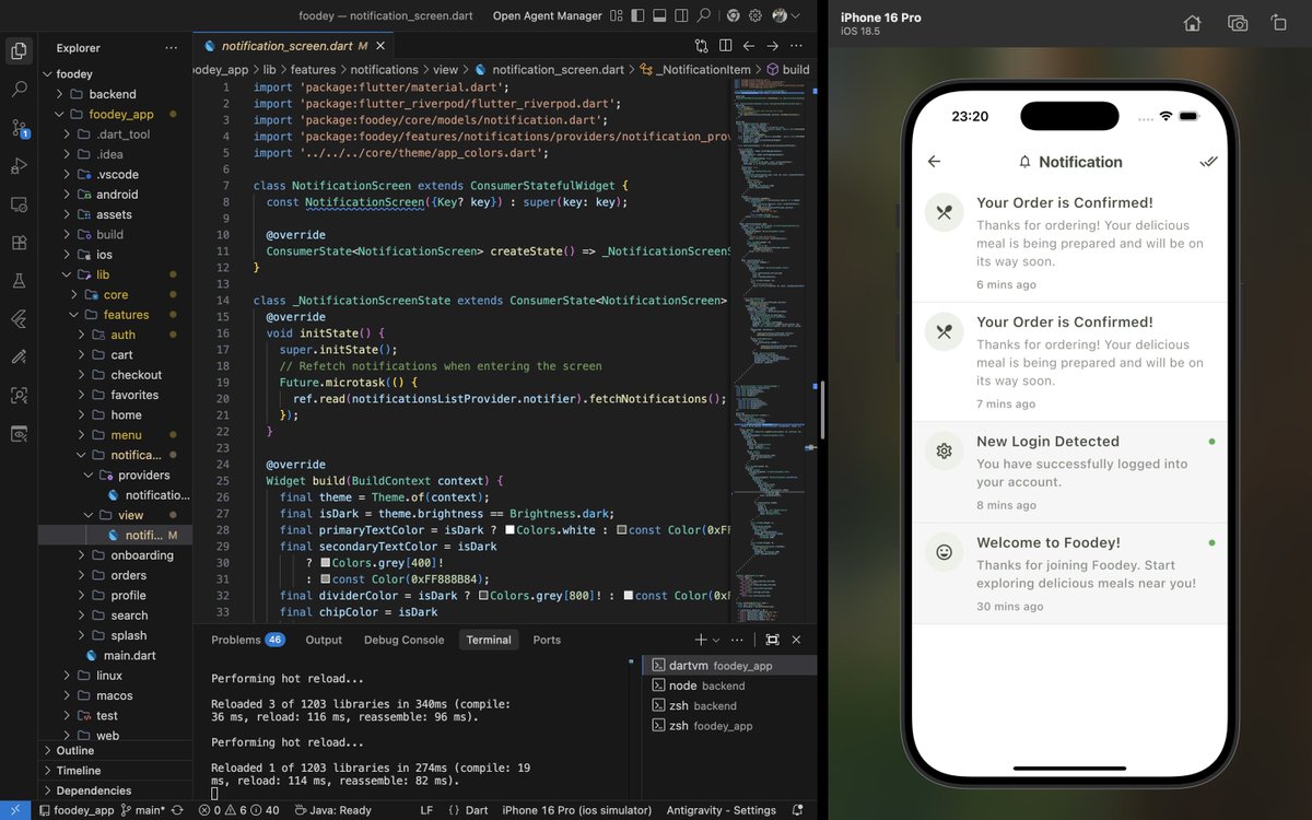 ahiakwo_john's tweet photo. Day 11 of my 365 Days of Code 🚀

Today I successfully integrated the notifications apis into the notifications page for @foodey_app. The app now delivers real-time updates such as:

- Login alerts
- Order creation updates
- Other important user activities

This ensures users are always informed and in control of what’s happening on their account.

Foodey is a food ordering and delivery app built to make food more accessible, affordable, and efficient, and features like this push us closer to a smooth, reliable experience users can trust.

Still building. Still shipping.
On to Day 12 💪