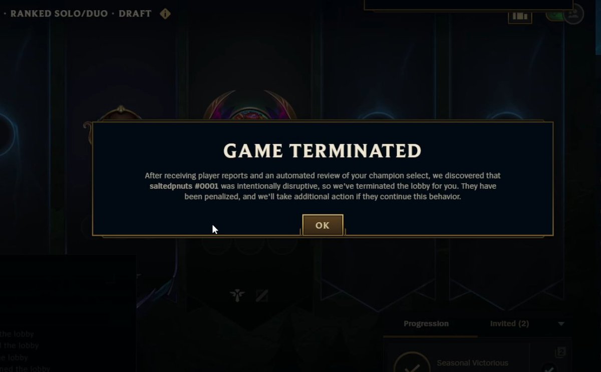 i0ki_LoL's tweet image. I get into lobby, and Toplane wants last pick (I refused, obviously.  I am last picking Support).

Toplane locks in Yuumi 

I say "So you're trying to lose?"

He responds "Yes"

And the lobby is INSTANTLY terminated for him trolling me.

Thank you Riot.  This feature ROCKS 🔥