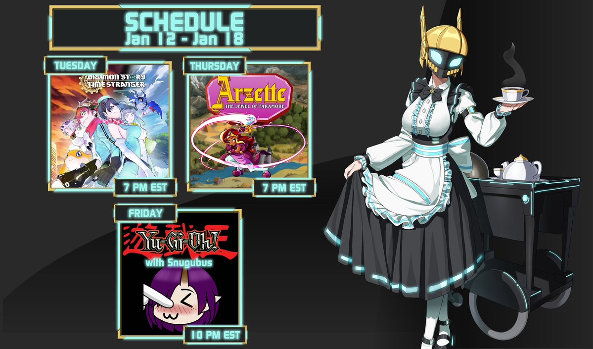 Helm_Chan's tweet image. ⚙️𝙏𝙝𝙞𝙨 𝙬𝙚𝙚𝙠'𝙨 𝙨𝙘𝙝𝙚𝙙𝙪𝙡𝙚!⚙️
🌐Tuesday we're starting Digimon Time Stranger!
⚔️Thursday we're beginning Arzette: The Jewel of Faramore!
🎴Later on Friday we're playing Yugioh with @snugubus after chef-ing up some silly decks!
Hope to see you there!