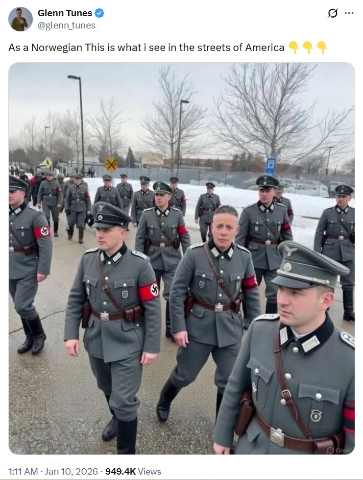 This Norwegian is not alone. This is what the overwhelming majority of the world sees, including America's allies. 2026 Trump America is 1934 Nazi Germany — and there's no amount of gaslighting from Trump, JD Vance, and Elon Musk that is going to change this horrific reality. 👇