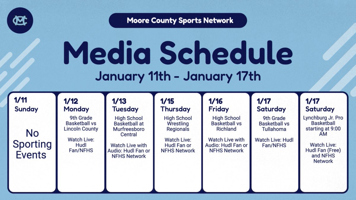 MooreNetwork's tweet image. Moore County Raiders and Raiderettes media schedule for the week of January 11th - January 17th

Special Note: Those traveling to the Murfreesboro Central game on Tuesday, January 13th, be wary of the Rutherford County clear bag policy.