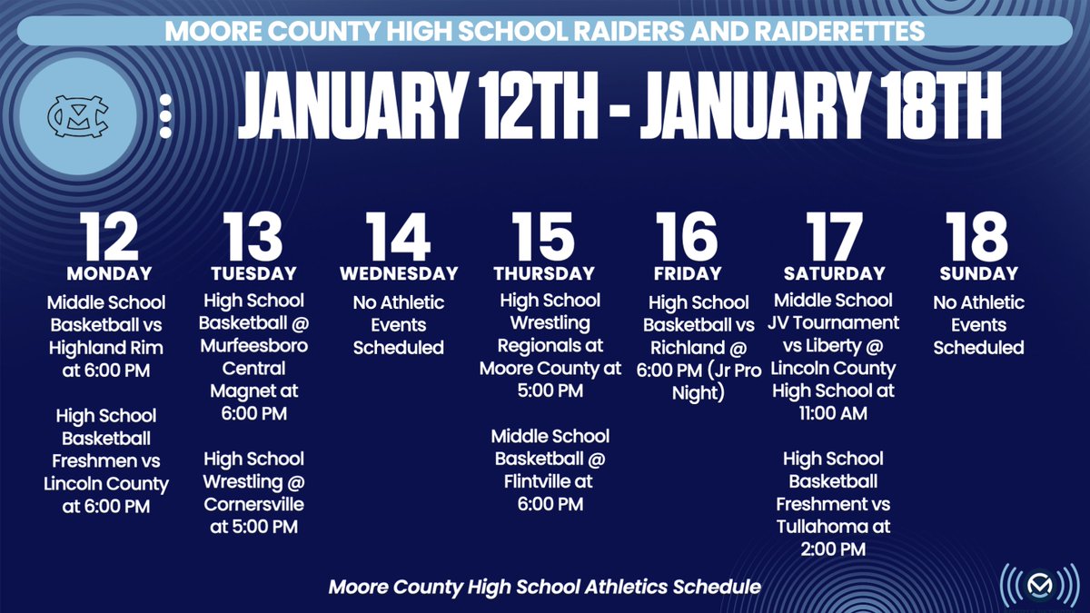 MooreNetwork's tweet image. Moore County Athletics: January 12th - January 18

Special Note: Those traveling to the Murfreesboro Central game on Tuesday, January 13th, be wary of the Rutherford County clear bag policy.