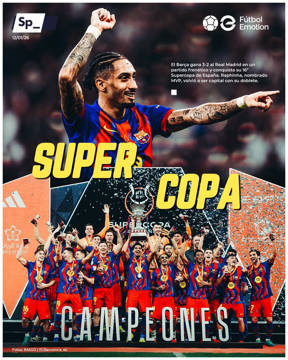 El Barça gana 3-2 al Real Madrid en un partido frenético y conquista su 16ª Supercopa de España. Un Raphinha superlativo, nombrado MVP, volvió a ser capital con su doblete. 𝐒𝐮𝐩𝐞𝐫 | 𝐂𝐨𝐩𝐚