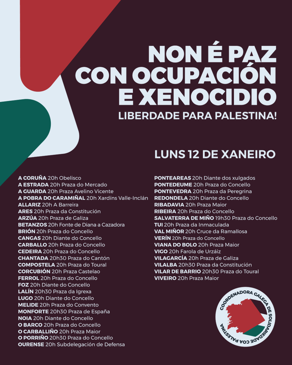🔴 Este luns saímos de novo ás rúas para denunciar o apagón informativo sobre a #Palestina. Na Galiza non esquecemos que a Palestina continúa a sofrer un brutal xenocidio ao que chaman paz. #GalizaConPalestina