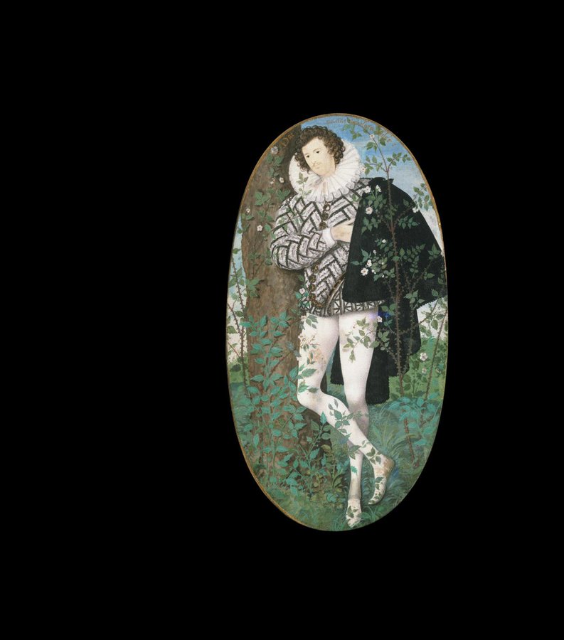 A Young Man among Roses, portrait miniature, possibly of Robert Devereux, 2nd Earl of Essex, watercolour on vellum, painted by Nicholas Hilliard, c. 1587  (Victoria &amp; Albert Museum, London)