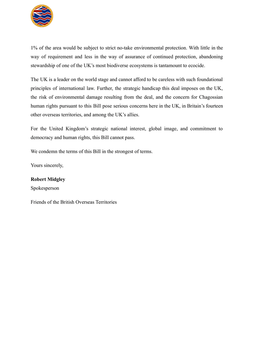 An open letter to all Members of the House of Lords, ahead of the Third Reading of the Diego Garcia Military Base and British Indian Ocean Territory Bill tomorrow.