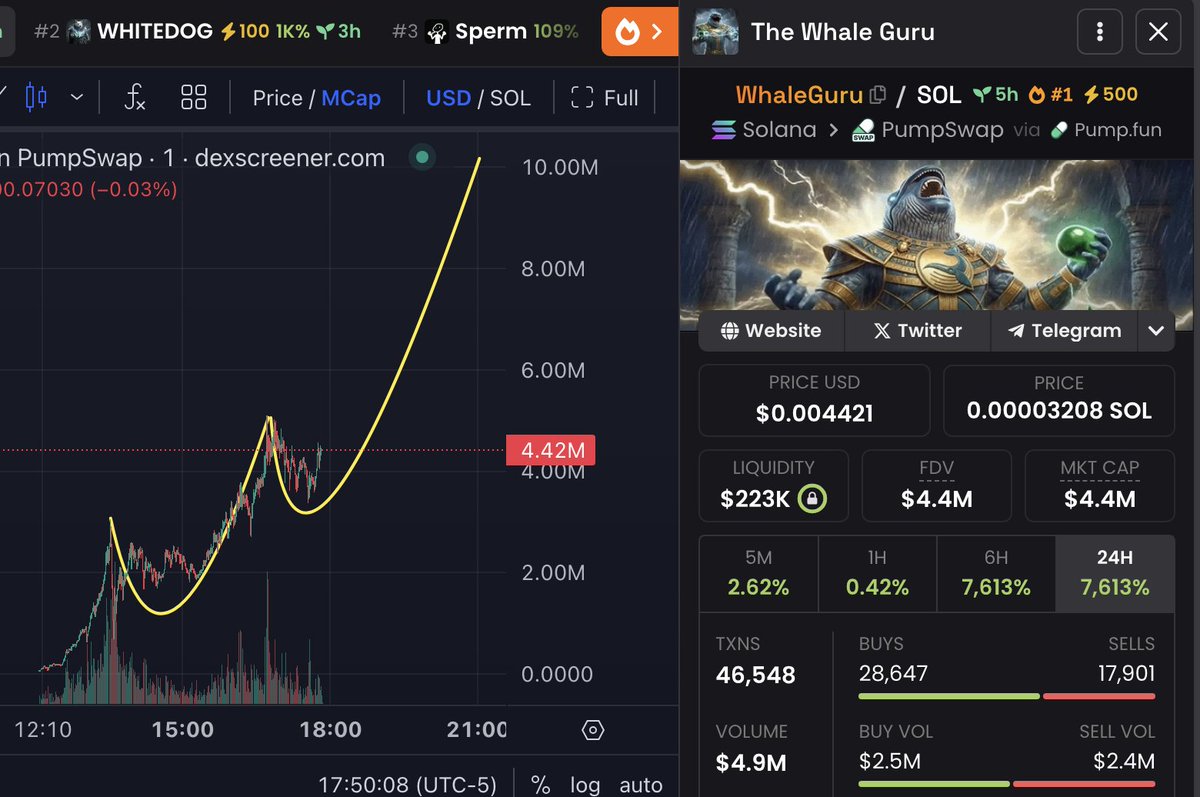 First 500 people to retweet gets free #SOL   (yes, for real) 👀

Look at $WhaleGuru chart ! Fucking bullish !

There is no way its doesnt break 10m from here!

Insane volume and strong community!

If you faded $whitewhale and now not buying $whaleguru then you NGMI