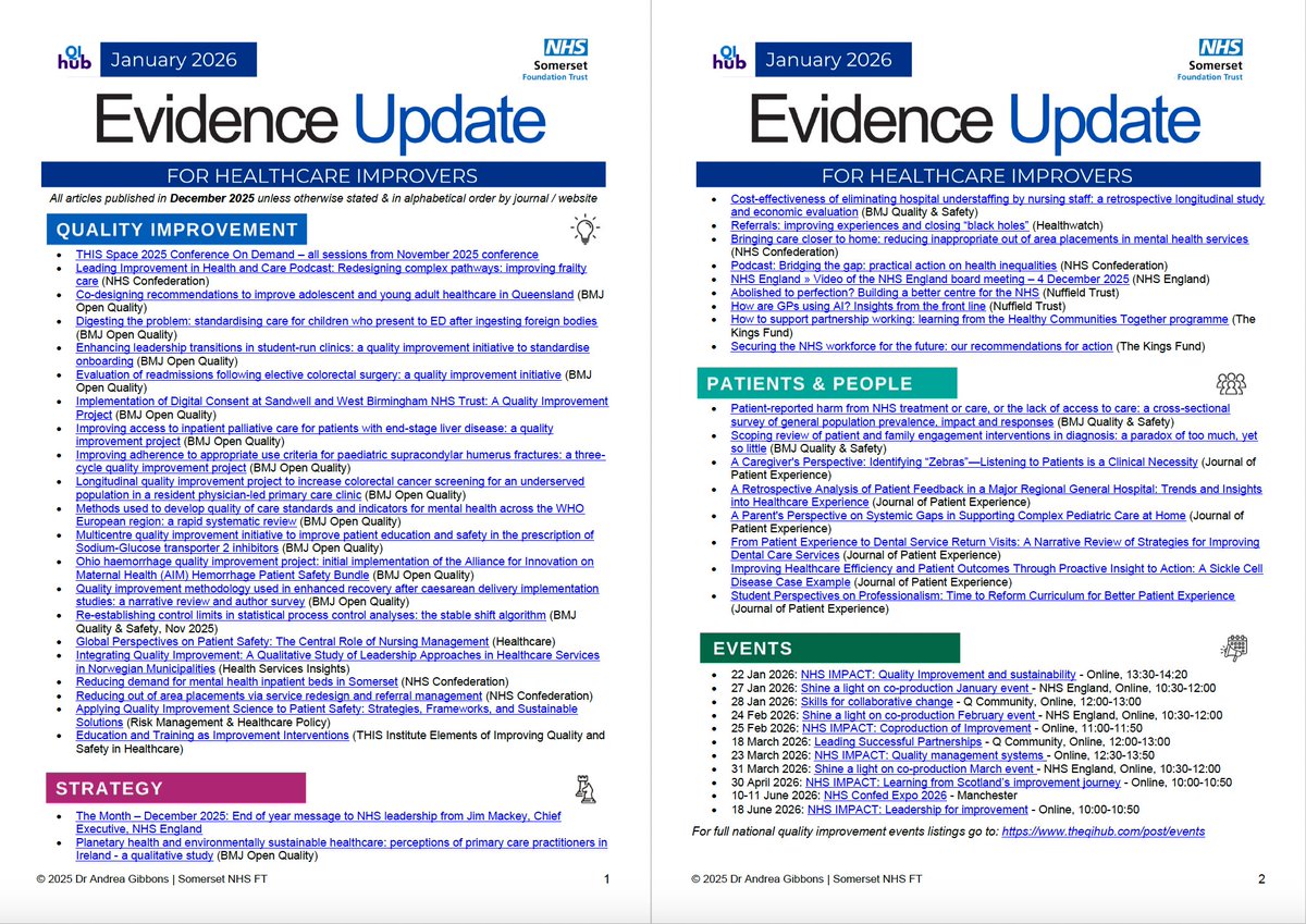 andreadgibbons's tweet image. 🌟 January 2026 QI Evidence Update is here! 🌟

2 pages of December's best QI projects, research &amp;amp; improvement events.

Huge thanks &amp;amp; congrats to all featured authors &amp;amp; teams! 🙏

🔗 theqihub.com/post/january-2…

#QI #NHS #QualityImprovement 

@RoyLilley @theQCommunity @FabNHSStuff