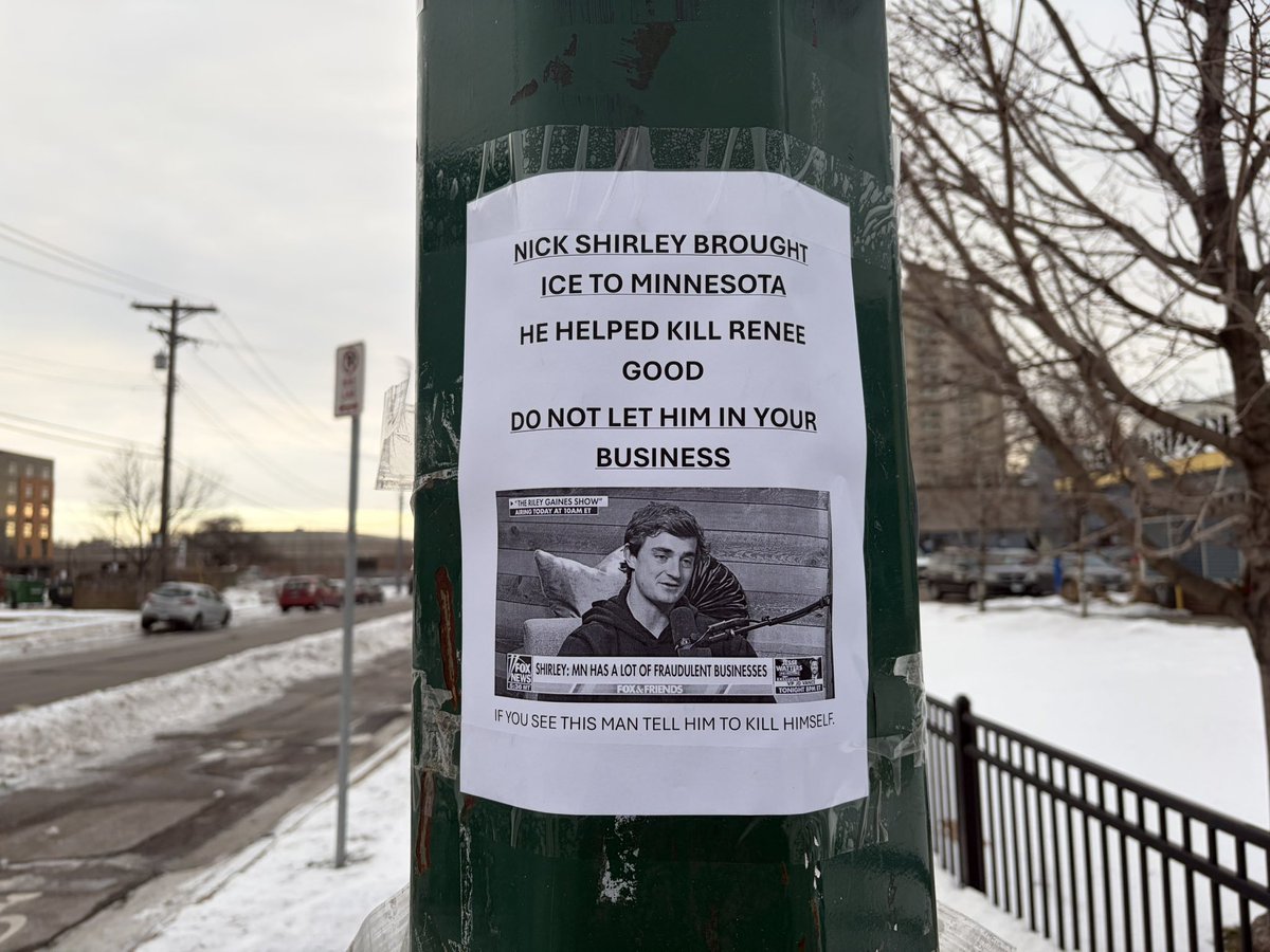 JSweetLI's tweet image. These anti-Nick Shirley flyers have gone up around South Minneapolis — person who took these pictures said they are all over.