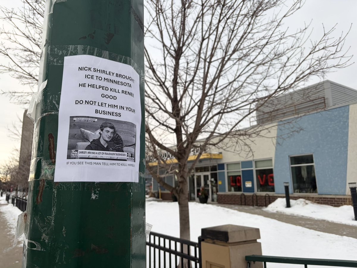 JSweetLI's tweet image. These anti-Nick Shirley flyers have gone up around South Minneapolis — person who took these pictures said they are all over.