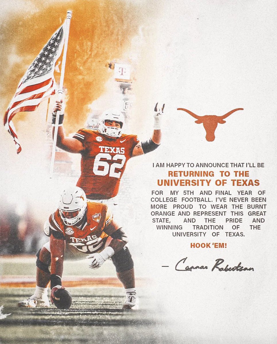 ontexasfootball's tweet image. #Texas offensive lineman Connor Robertson announces he is returning for his final year. 🤘