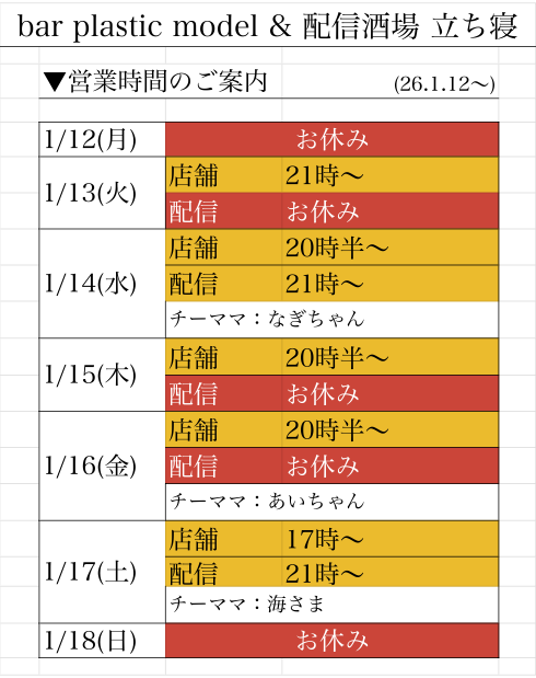 barplasticmodel's tweet photo. 【1/12~の営業案内】
休み:日月
店舗のみ:火木金
店舗&配信:水土
※店舗BGMはTwitchにてLive配信。
正月ボケを直さねば、、、
今週もシクヨロです(関根)
※配信用チケット・乾杯チケット & Twitch詳細は配信酒場 立ち寝アカウント @bartachine 参照
#barplasticmodel #bar立ち寝 #配信酒場立ち寝
#バープラスチックモデル #ゴールデン街 #新宿ゴールデン街 #recordbar #80年代バー #80sbar #ニューウェイブバー #goldengai #newwavebar #shinjuku #レコードバー