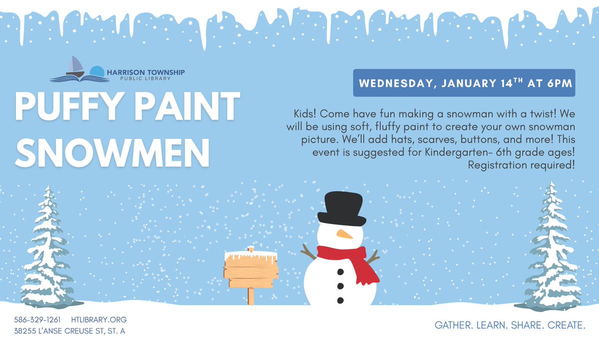 Keep warm at the library and join us for an evening of winter crafting! Kids, use puffy paint and create a personalized snowman, the perfect decor for these chilly days ❄️☃️
Don't forget to register at htlibrary.org/events!