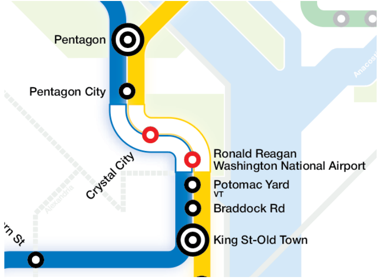 Feb-June, weekend construction impacts travel to <a href="/Reagan_Airport/">Reagan Airport</a>. Trains won’t run between Pentagon City &amp; the airport for 10 weekends to build a second entrance at Crystal City to support ridership. Shuttle buses replace trains at affected stations. wmata.com/initiatives/pl…