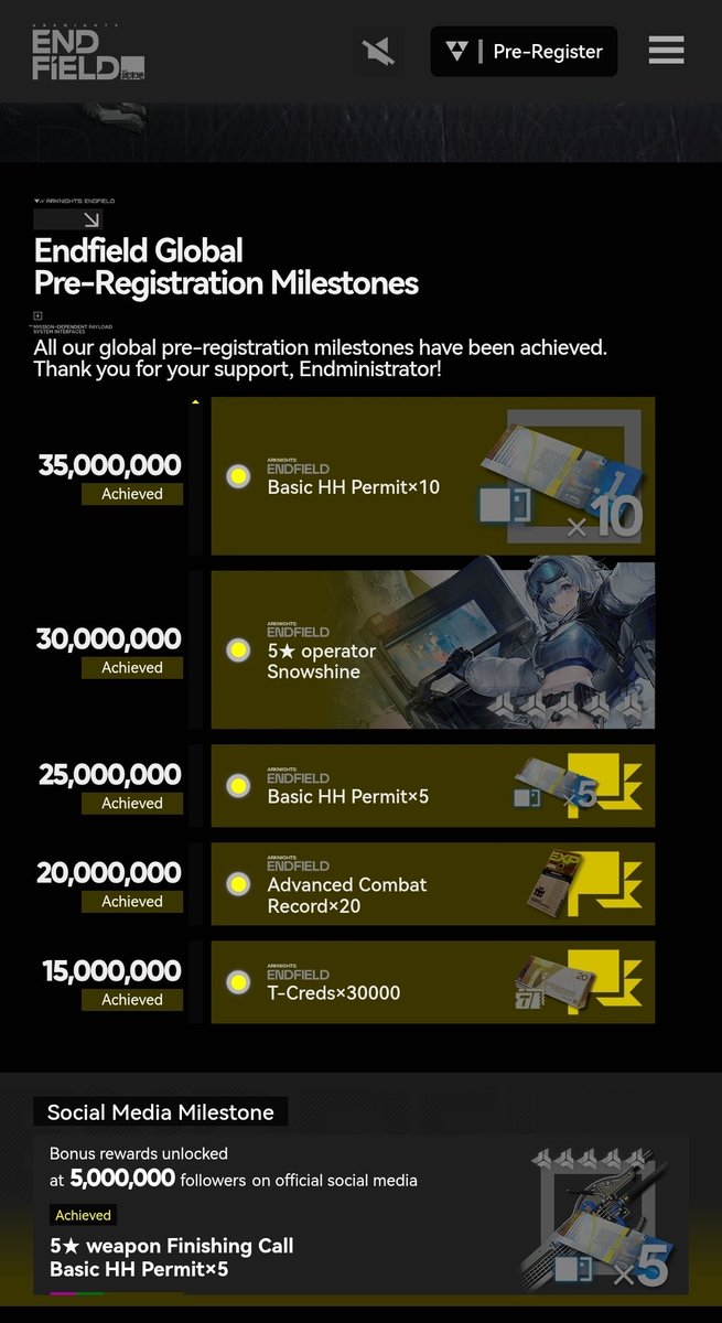 PartTimerZack's tweet image. Looks like we hit all the milestones for the Arknights Endfield pre-registration! Can't wait for the game to come, its sooooo close!