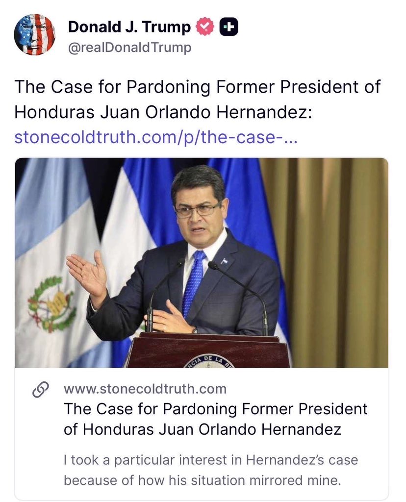 Quiero expresar mi más profundo agradecimiento al presidente Donald J. Trump <a href="/realDonaldTrump/">Donald J. Trump</a> por compartir la verdad sobre el caso de Juan Orlando Hernández y por concederle un perdón presidencial pleno e incondicional.

Este acto de justicia corrigió una profunda injusticia y
